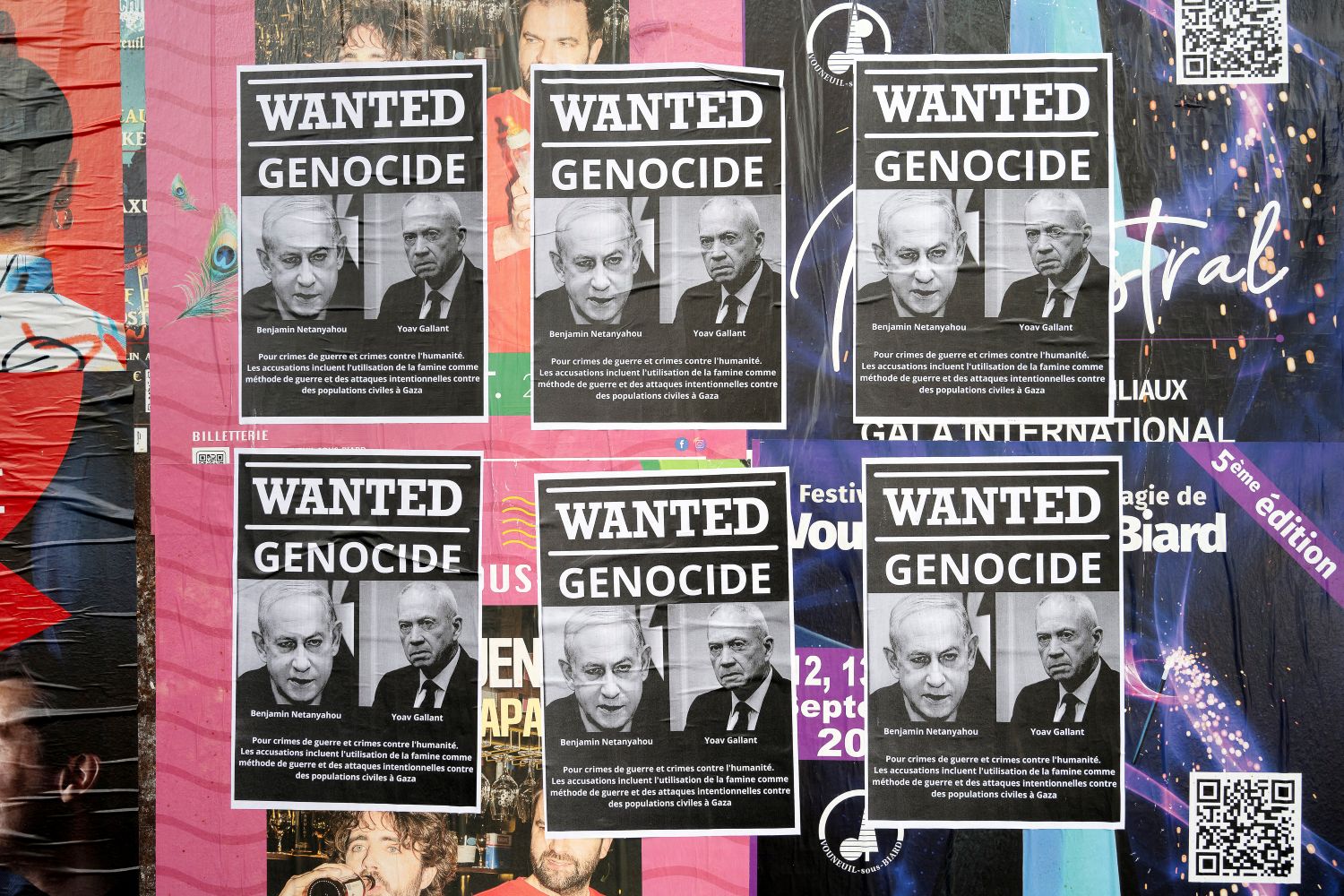 France, September 1, 2025. On a billboard in a working-class neighborhood of Poitiers, posters show the faces of Benjamin Netanyahu and Yoav Gallant with the headline: WANTED for GENOCIDE; Hans Lucas via AFP